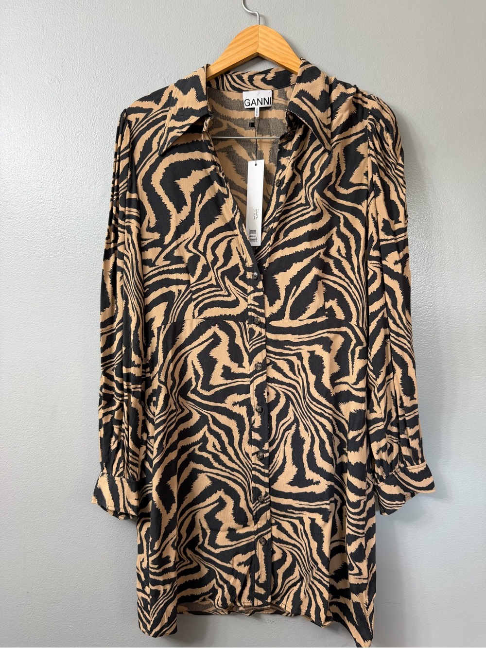Ganni Black and Tan Zebra-Print Button Front Mini dress Size 6 NWT